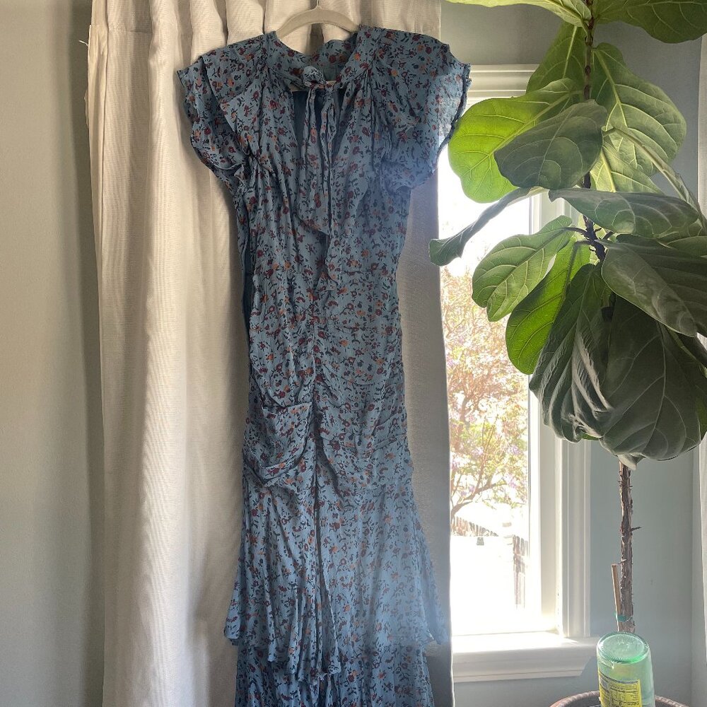 The Great. Floral Cornflower Blue Ruffle Maxi Dress XS Cottage Core Prairie